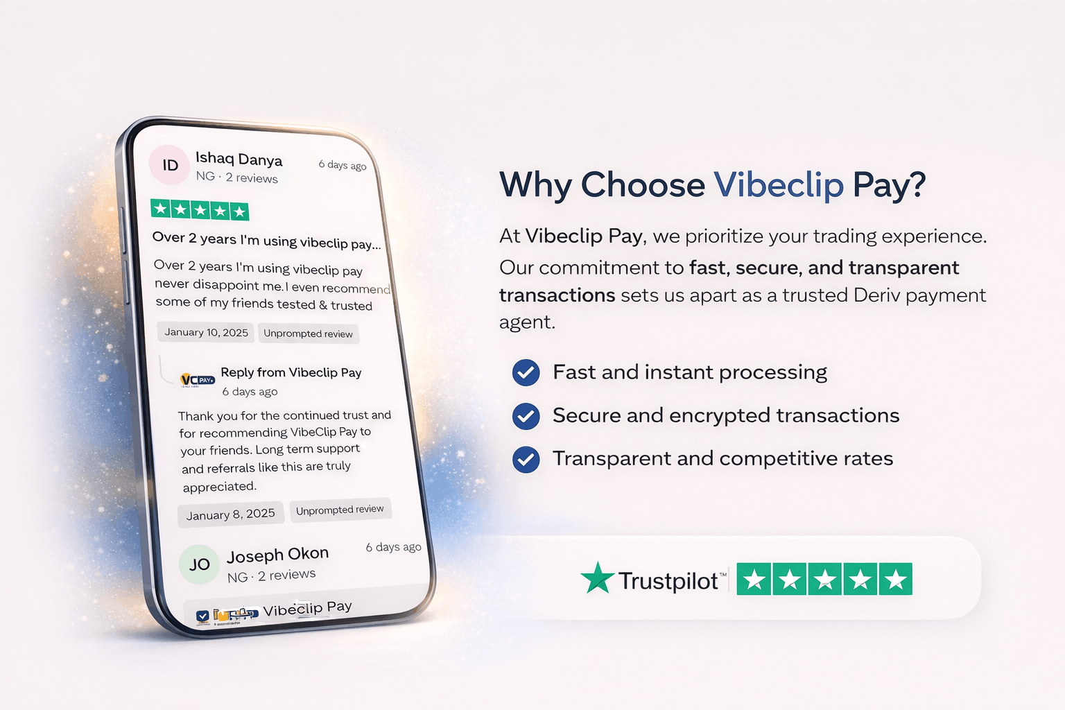 A screenshot showing positive reviews and testimonials from satisfied Vibeclip Pay users on Trust Pilot